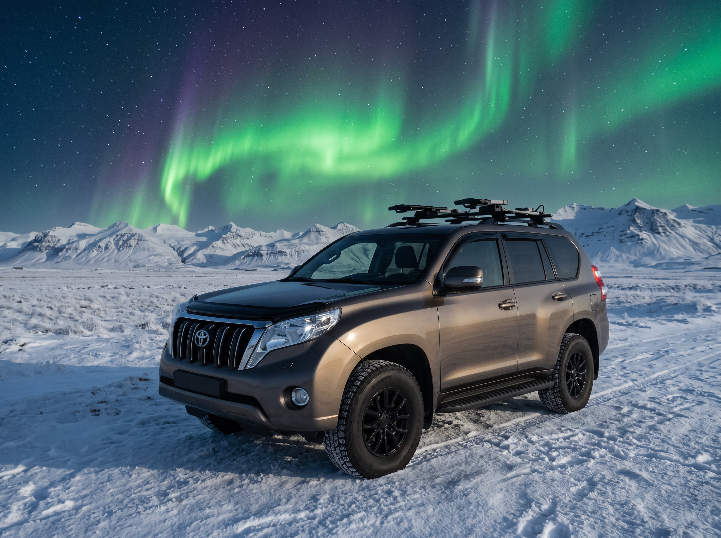 The bronze Land Cruiser jeep under the green aurora borealis on a snowy Icelandic plain
