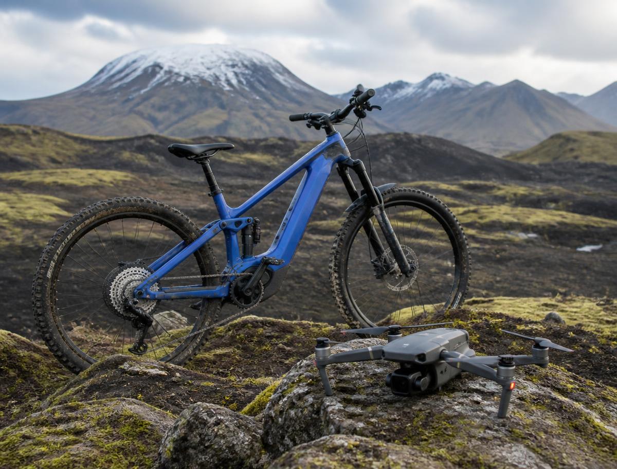 A blue Mondraker Crafty R electric mountain bike and a camera drone on a mossy Icelandic mountainside